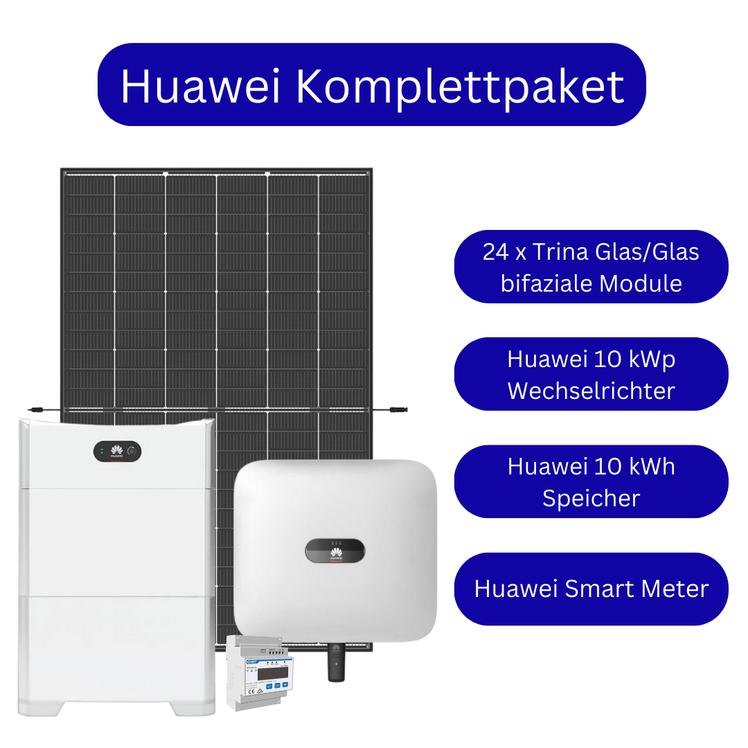 Huawei 10 kWp Komplettpaket inkl. 10 kWh Speicher mit bifazialen Glas/Glas Modulen