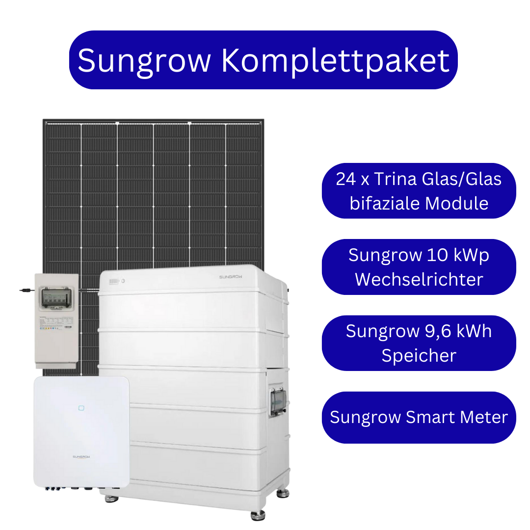Sungrow 10 kWp Komplettpaket inkl. 9,6 kWh Speicher mit bifazialen Glas/Glas Modulen