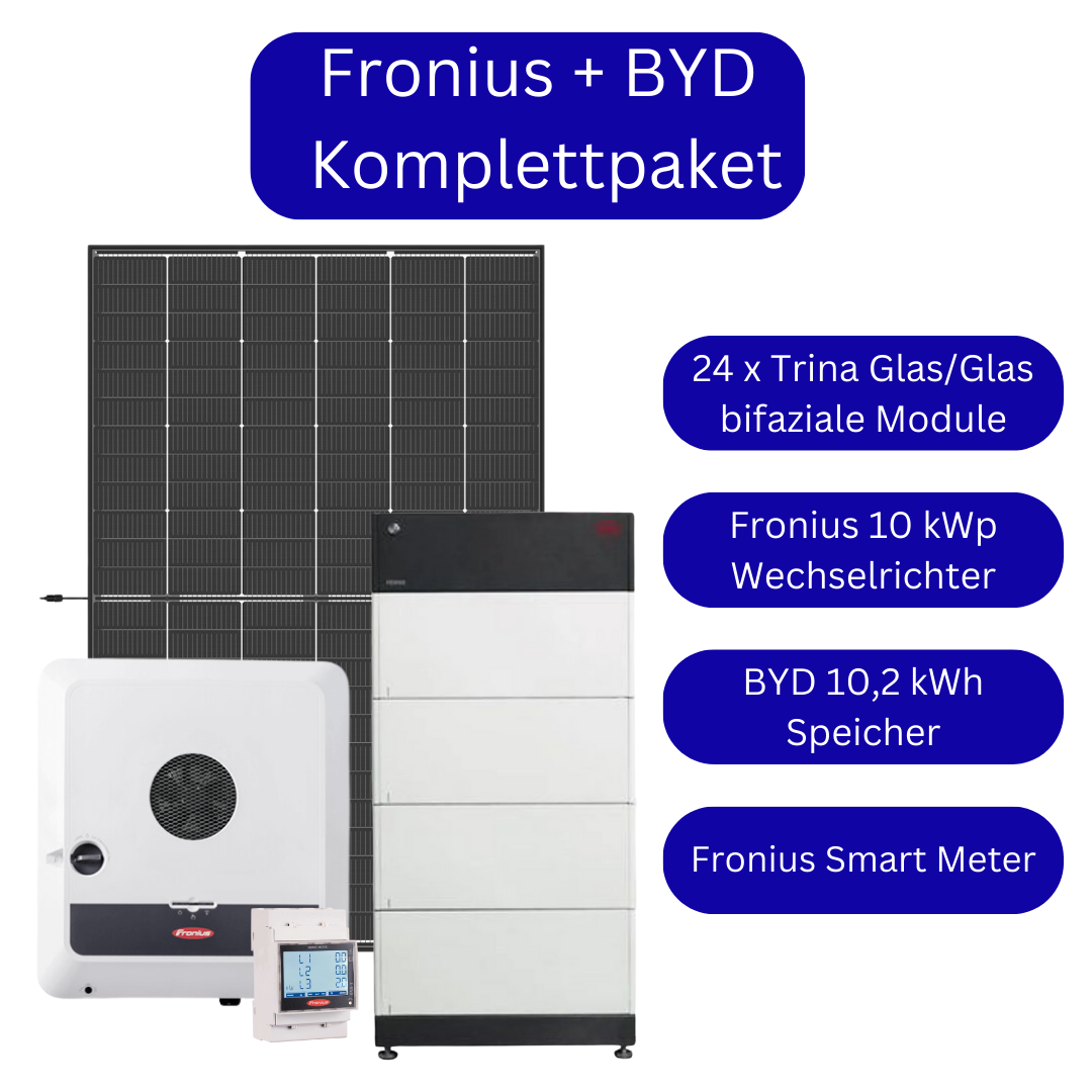Fronius 10 kWp Komplettpaket inkl. BYD 10,2 kWh Speicher mit bifazialen Glas/Glas Modulen